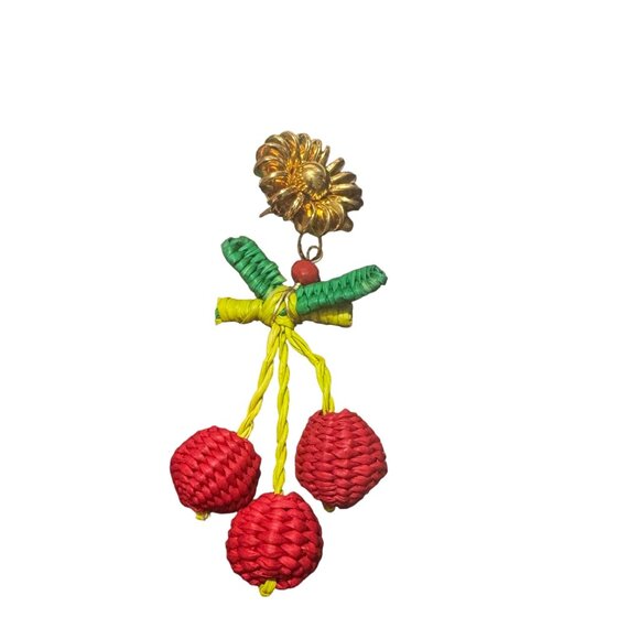 Hand Made Cherry Raffia & Beaded Dangle Earrings Evelyn Ariza - Picture 5 of 5